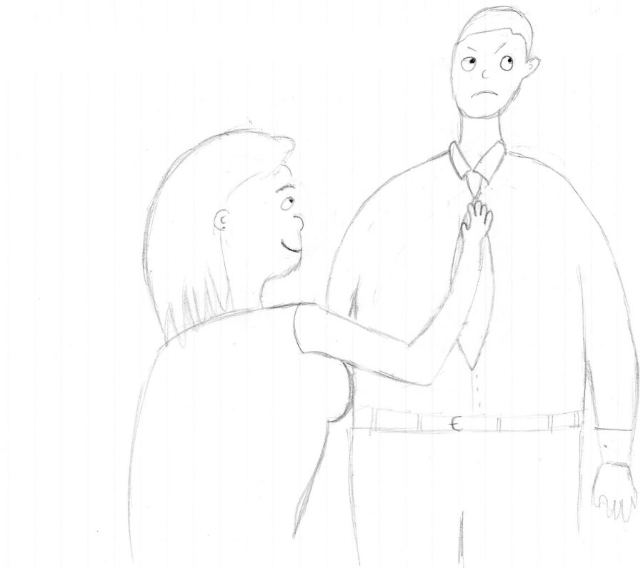 In the drawing, the mom fixes her sons tie while he is annoyed she is trying to run his prom as her own.