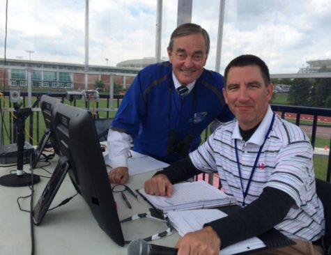  Steve Lemon announces at the Big 10 outdoor track and field championships alongside Ohio State announcer, David Hunter, at University Park.