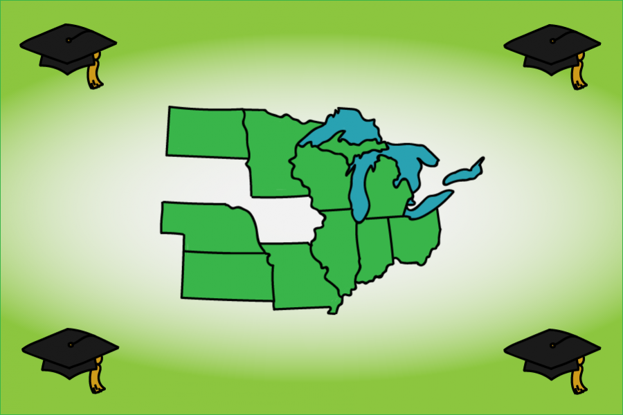 A map shows the 10 states involved in the Midwest Student Exchange Program: Illinois, Indiana, Kansas, Michigan, Minnesota, Missouri, Nebraska, North Dakota, Ohio, and Wisconsin.