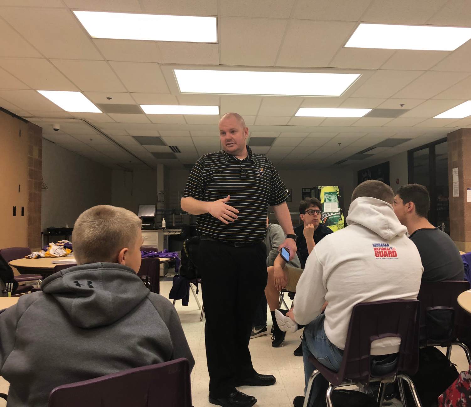Curtis Gocke talks to the wrestlers in his introductory meeting on April 10, 2017.