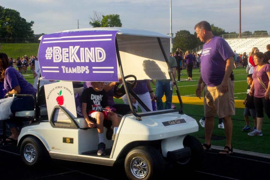 #bekind mobile. The Welcome Center brought a golf cart with a #BeKind banner to the rally.