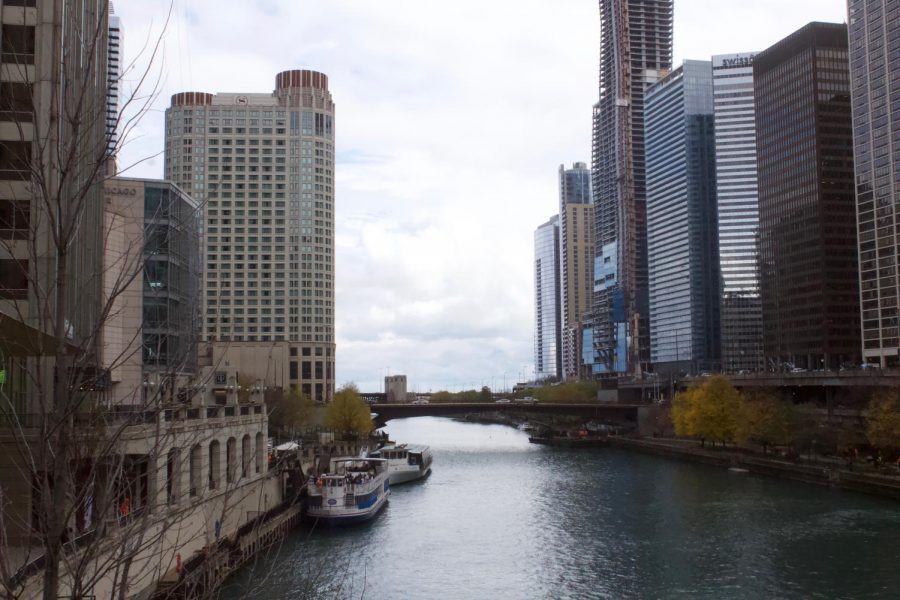 Split. The Chicago River separates two Chicago streets.