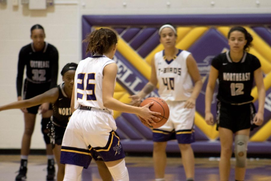 Focus. Freshman Taryn Wharton tries to find a way to pass the ball to senior Bri Hoffman.