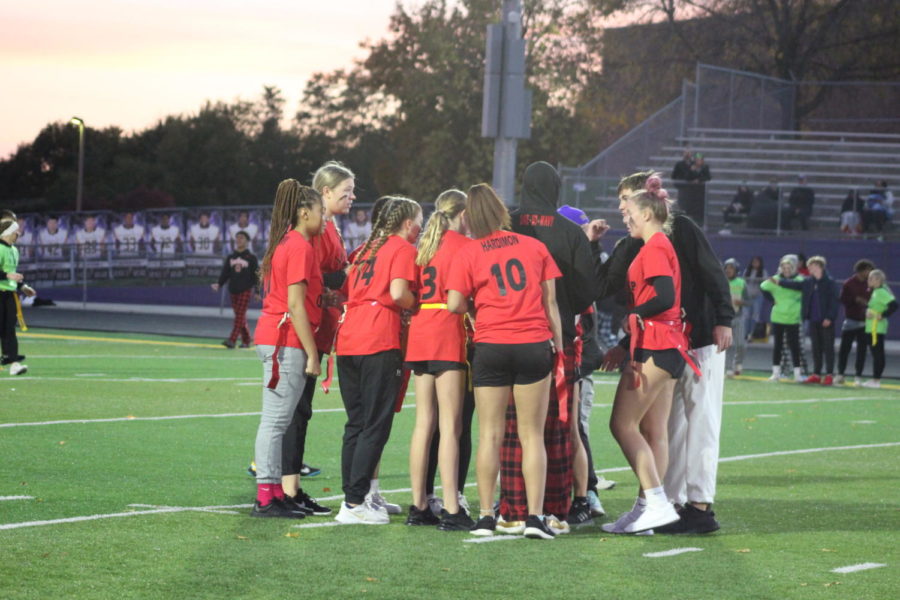 The Sophomore team gets ready to go against the Juniors during the Powderpuff game.