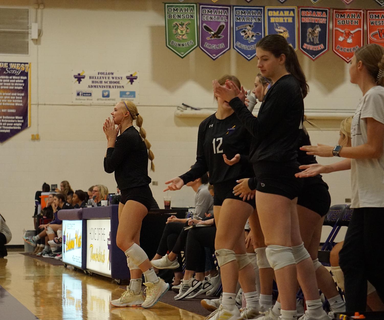 Sophomore Tessa Reitsma stands up off the bench to congratulate her team after gaining a point. 
