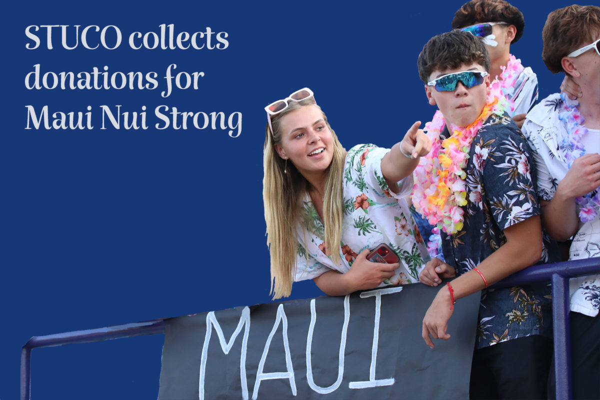 The+student+section+on+Aug.+18+wore+Hawaiian+shirts+and+leis+for+the+football+game%E2%80%99s+theme.+Student+Council+collected+donations+throughout+the+game+to+support+Maui+Nui+Strong+charity.%0A