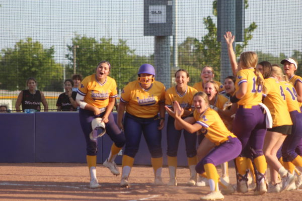  The team stands at home plate ready to celebrate after junior Aubrey White hits a home run. 