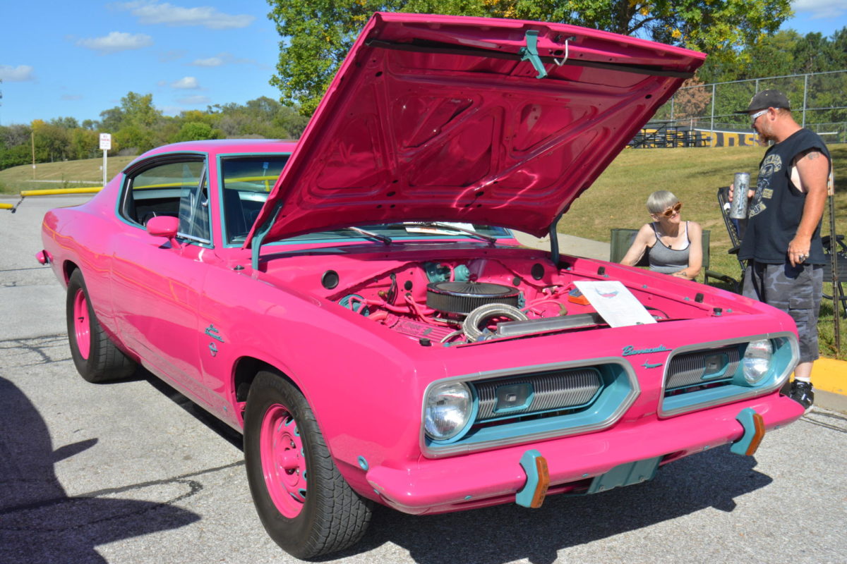 Dan Bohnert’s pink and blue Plymouth Barracuda is on display.