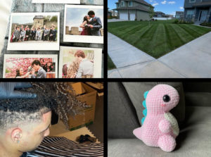 Top left: Senior Alexa Catts prints out a photo on her Polaroid printer.

Bottom left: Senior Jeffery Kunzman gave an example of a haircut he did.

Top right: Senior Colby Schrecks picture of a lawn he mowed.

Bottom right: Senior Kenzie Heyens crochet plush they made.