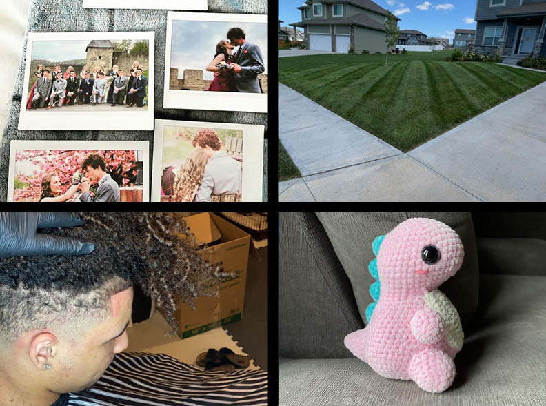 Top left: Senior Alexa Catts prints out a photo on her Polaroid printer.

Bottom left: Senior Jeffery Kunzman gave an example of a haircut he did.

Top right: Senior Colby Schrecks picture of a lawn he mowed.

Bottom right: Senior Kenzie Heyens crochet plush they made.
