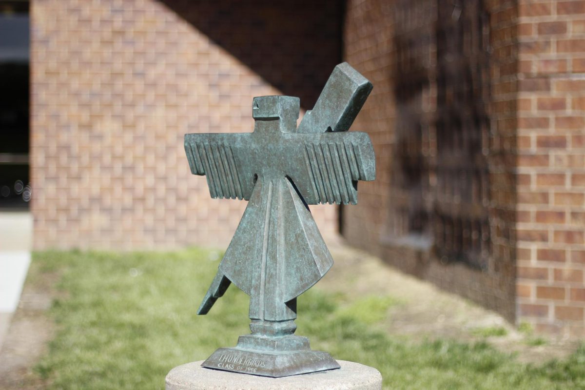 A bronze Thunderbird statue, a gift from the Class of 1996, sits in front of the main entrance to the school. The statue will be removed to make way for the new auditorium.